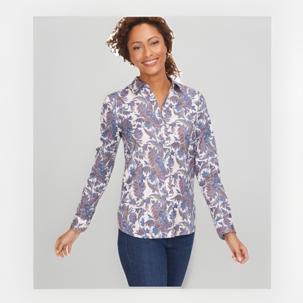 Talbots Shirt Women's Size 14 Large Purple Green Paisley Button Up Shirt Top